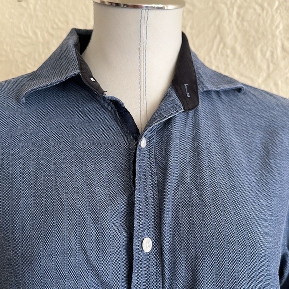 English Laundry Blue Herringbone Button Front Shirt Medium 15 15.5 x 34-35 - Picture 2 of 11